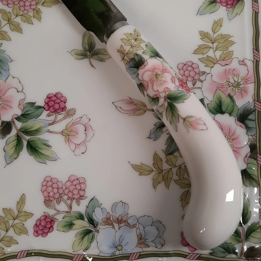 Porcelain Cheese Charcuterie Board Plate Matching Forked Knife Flowers Raspberry